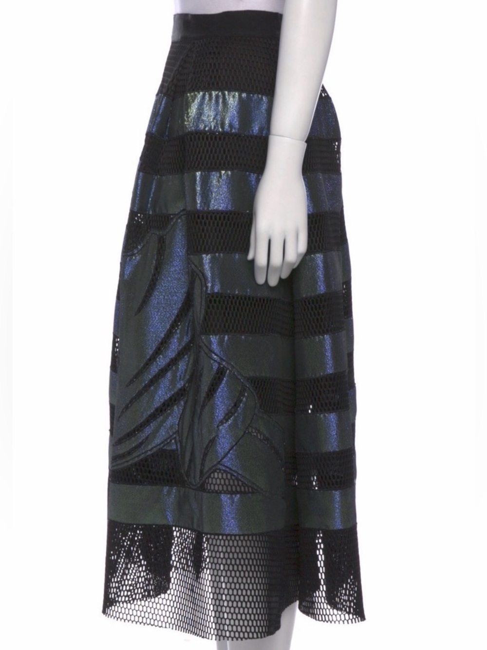 Sachin + Babi Noir sz 12 Black & Iridescent Blue A-Line Mesh Panel Midi Skirt - Picture 3 of 6